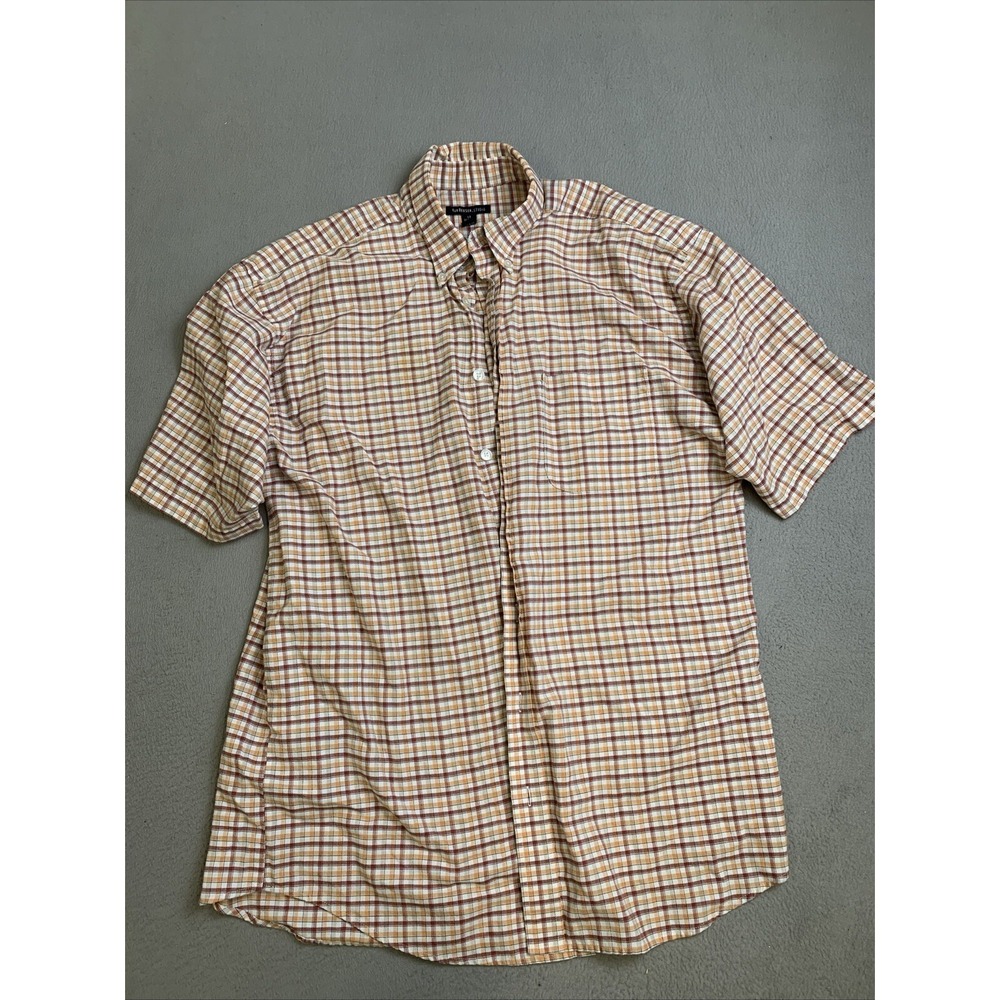 Van Heusen Studio Shirt Men's Size LT 16.5-17 Red Orange Plaid Short Sleeve